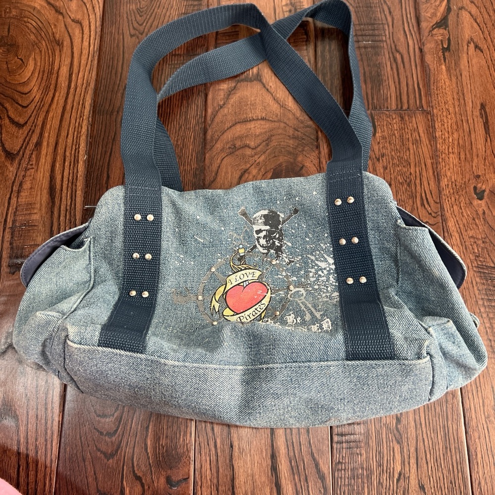 Gray Denim Tote Bag with Heart Graphic